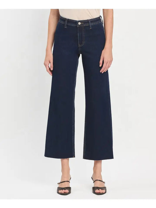 VERVET High Rise Clean Cut Raw Hem Ankle Wide Jeans