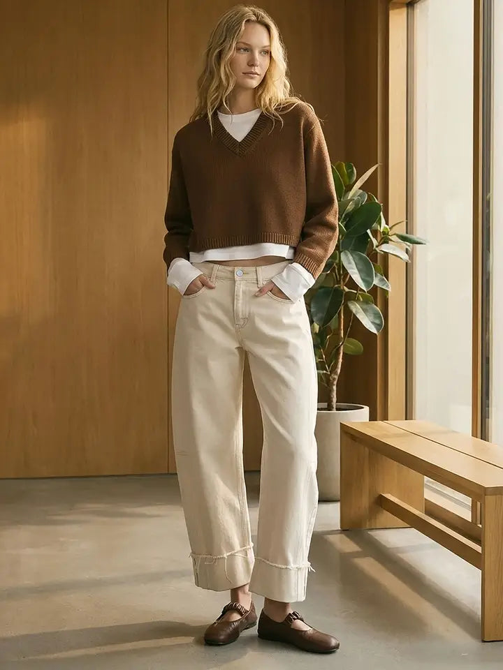 High Rise Side Panel Crop Cuffed Barrel Jeans