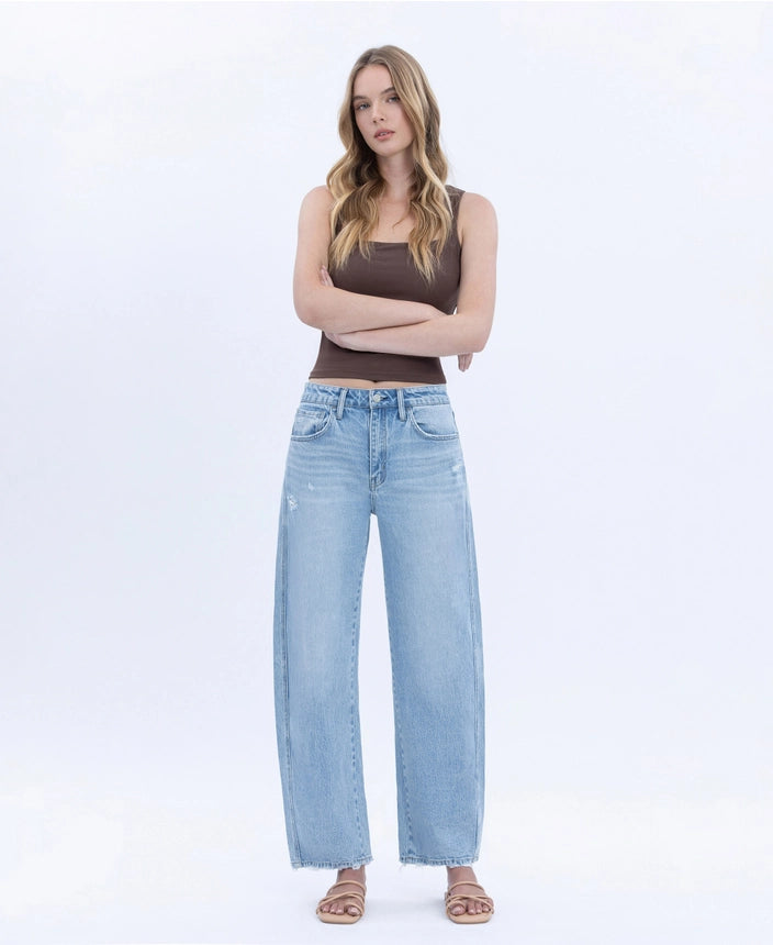 VERVET Super High Rise Light Wash Crop Barrel Leg Jeans
