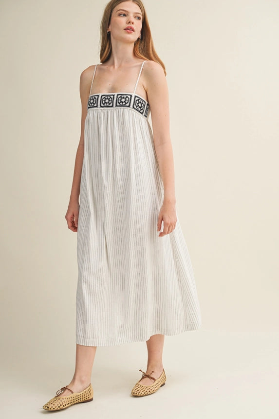 Geometric Crochet Bodice Pinstripe Dress