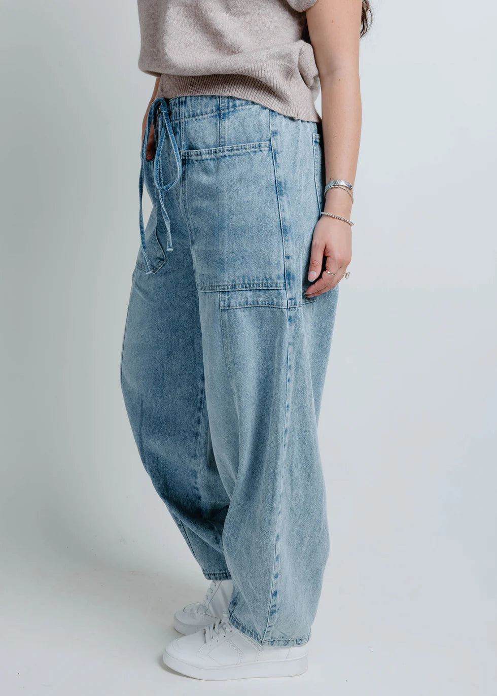 Denim Mid-Waist Drawstrings Barrel Jeans