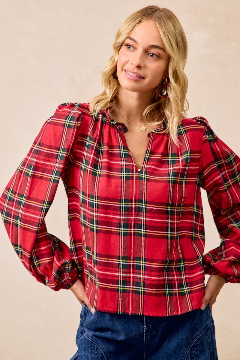 Christmas Plaid Balloon Sleeved Top