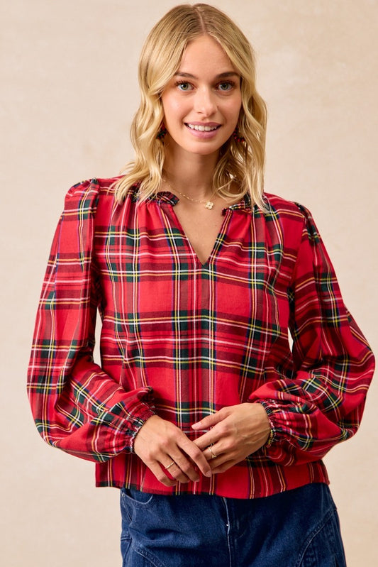 Christmas Plaid Balloon Sleeved Top