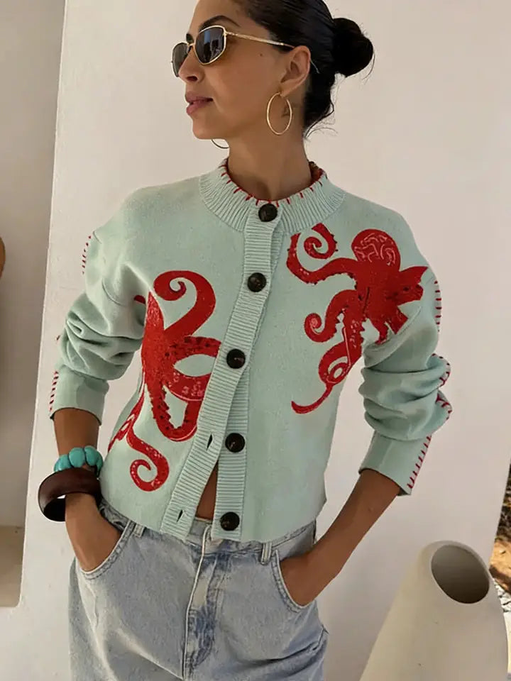 Octopus Embellished Button-Up Cardigan