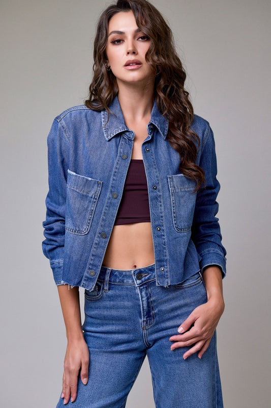 Hidden Medium Wash Cropped Denim Shirt