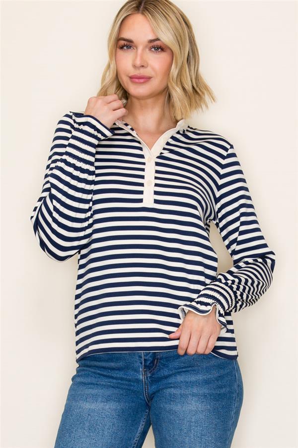 Ruffle Collar Half Button Striped Top