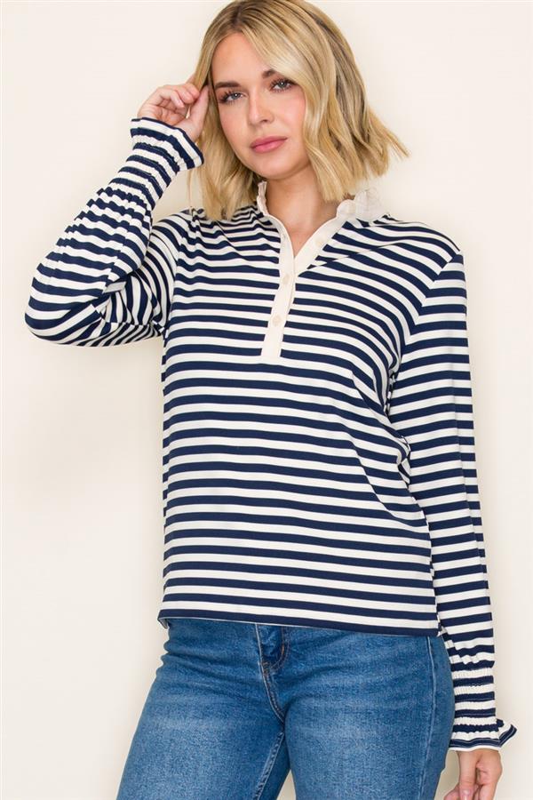 Ruffle Collar Half Button Striped Top