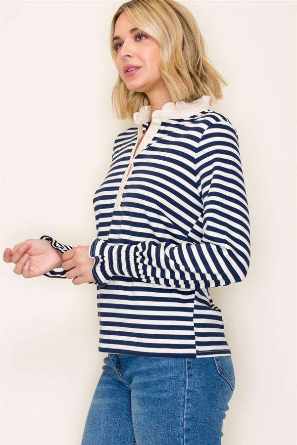 Ruffle Collar Half Button Striped Top