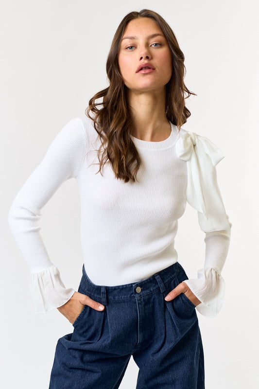 Shoulder Satin Bow Ribbed Sweater Top