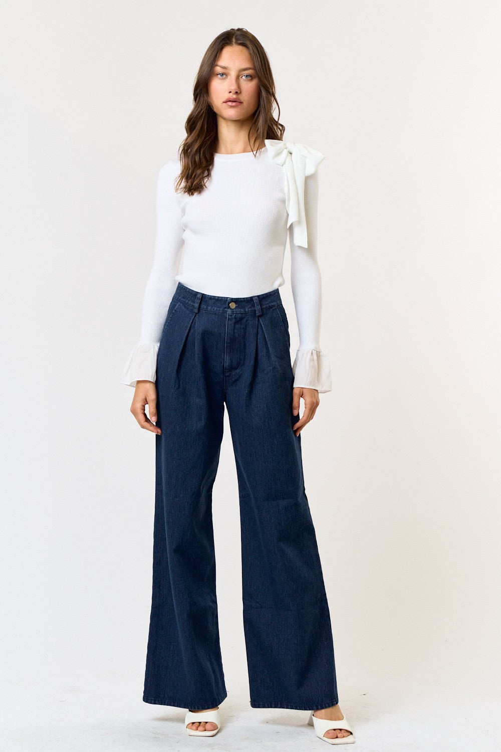 Shoulder Satin Bow Ribbed Sweater Top