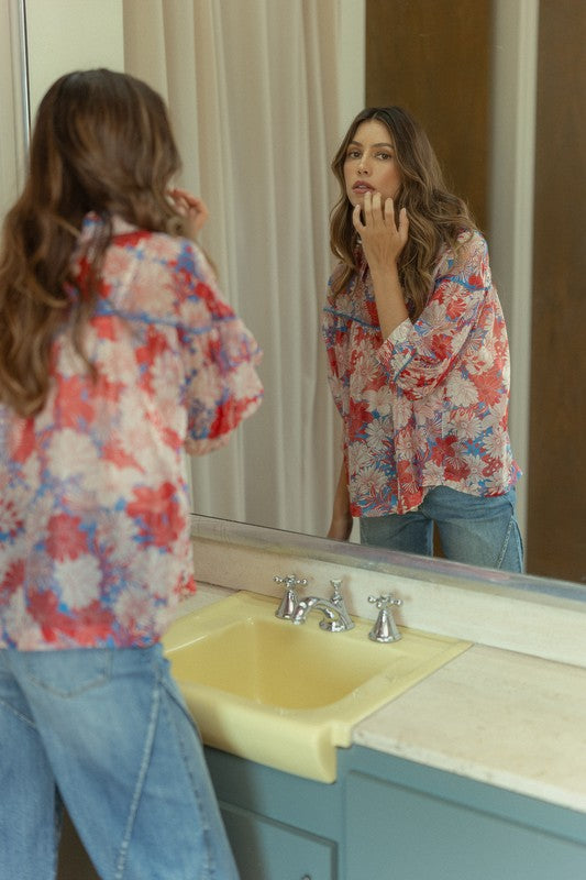 Floral Piping Detail Blouse Woven Top