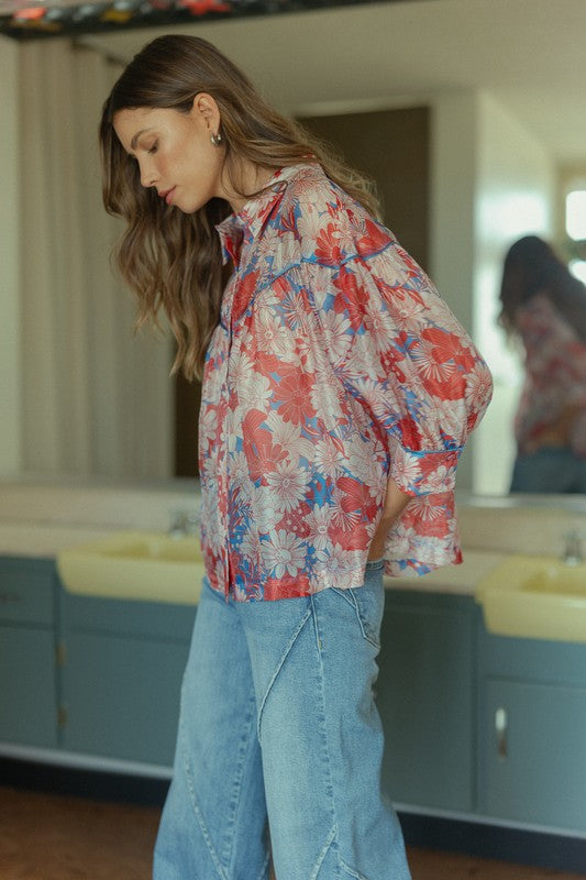 Floral Piping Detail Blouse Woven Top