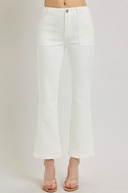 High Rise White Ankle Flare Patch Pocket Pants