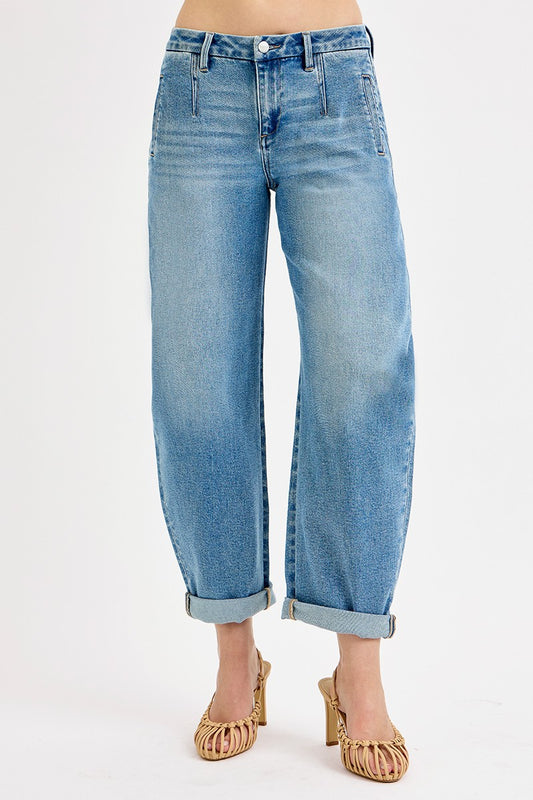 Risen Mid Rise Barrel Roll Up Jeans