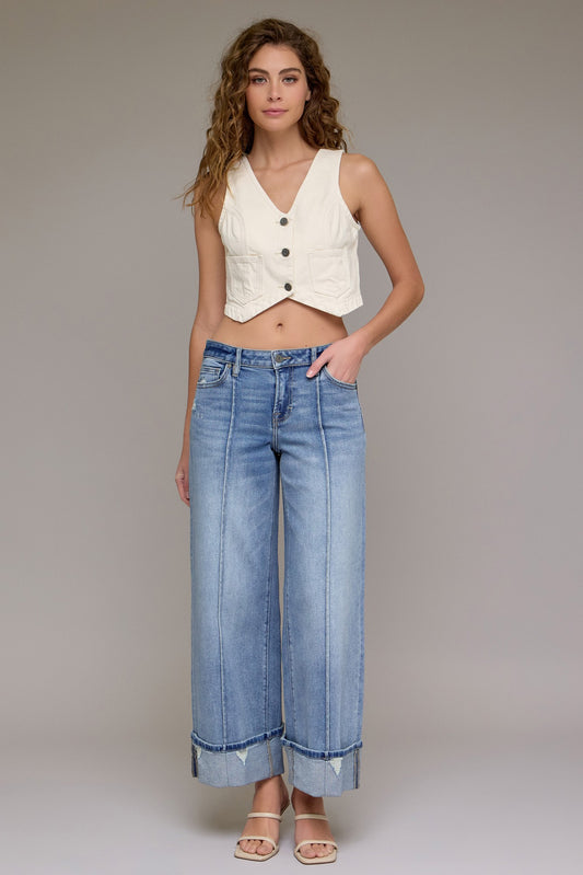 Hidden Jeans Pintuck Mid Rise Cuffed Wide Leg