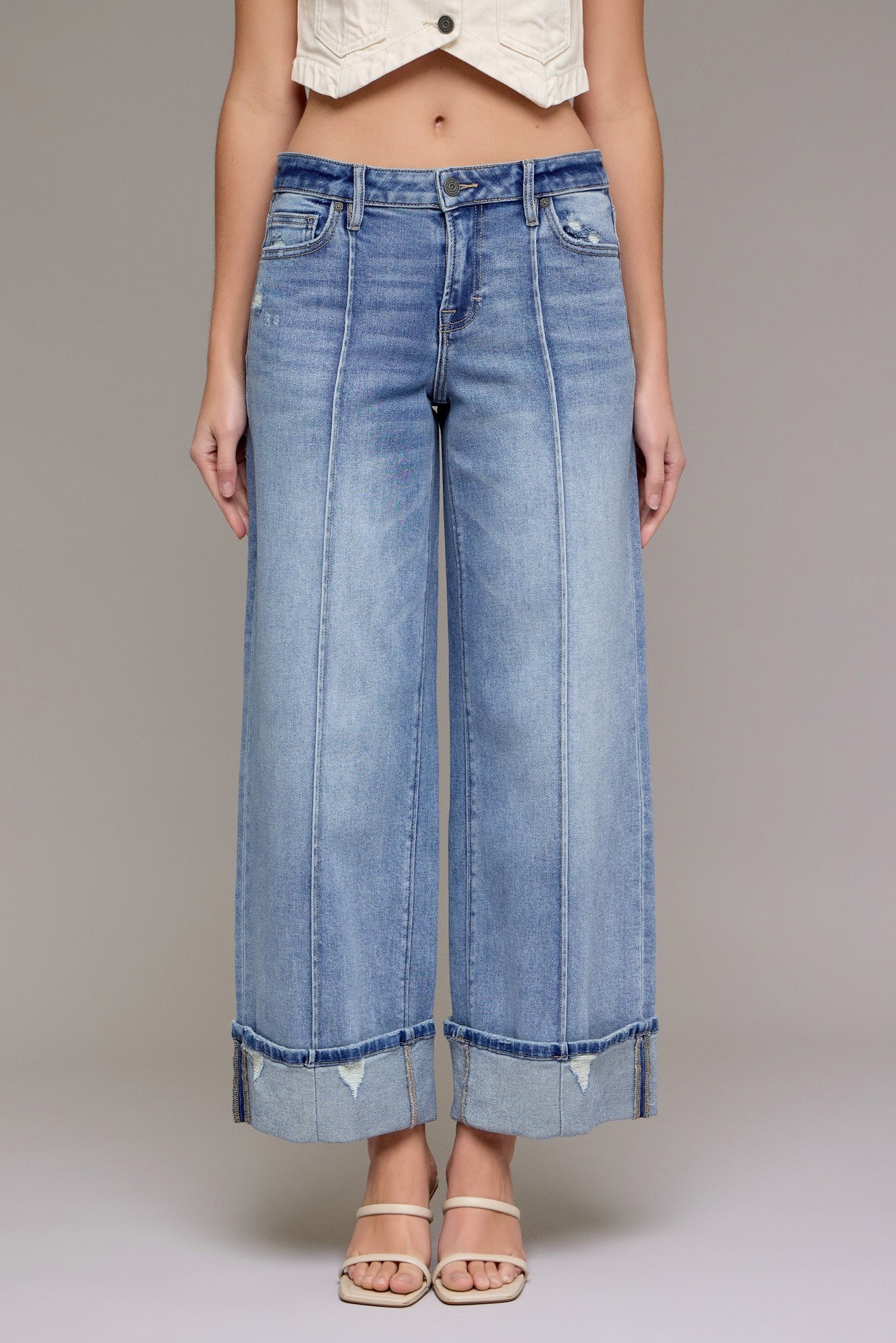 Hidden Jeans Pintuck Mid Rise Cuffed Wide Leg
