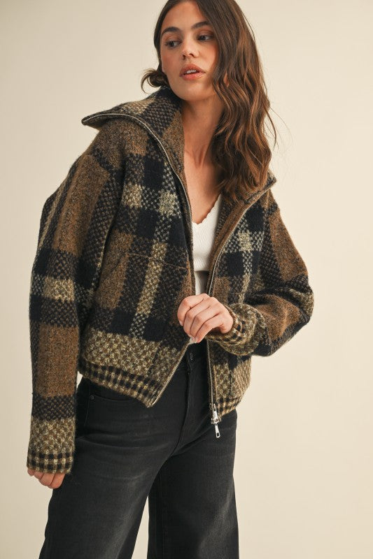 CHECKERED FUZZY SWEATER JACKET