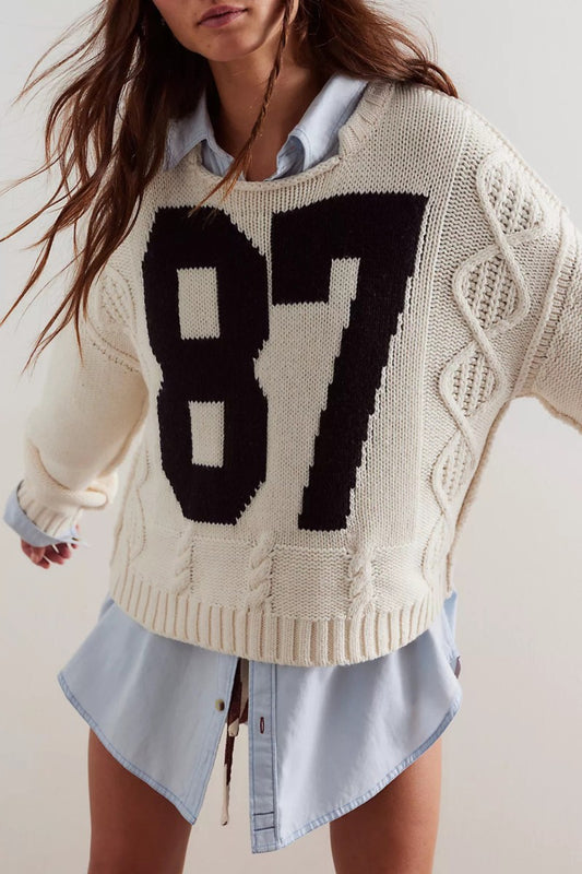 87 Embroidered Long Sleeve Knit Sweater Top