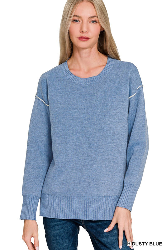 Reverse Stitching Round Neck Contrast  Sweater
