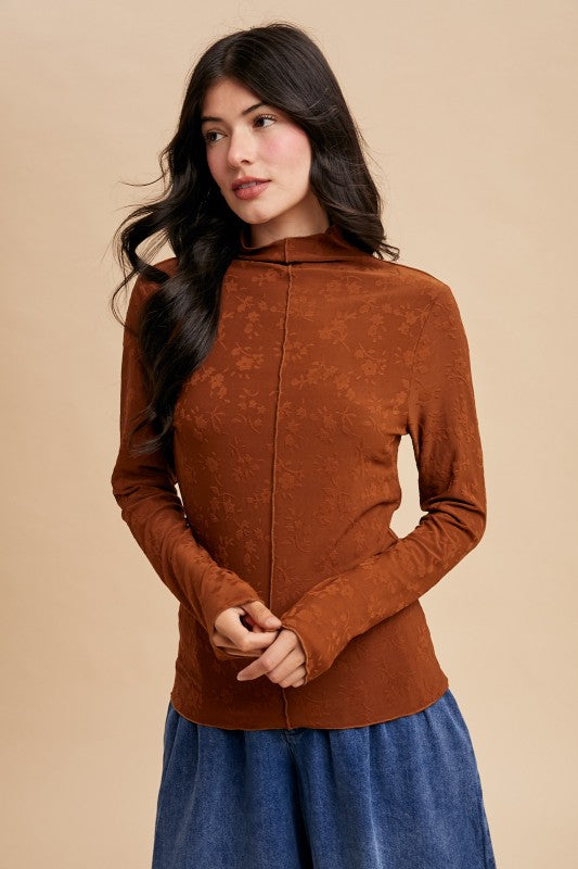 Floral Textured Knit Mock Neck Top