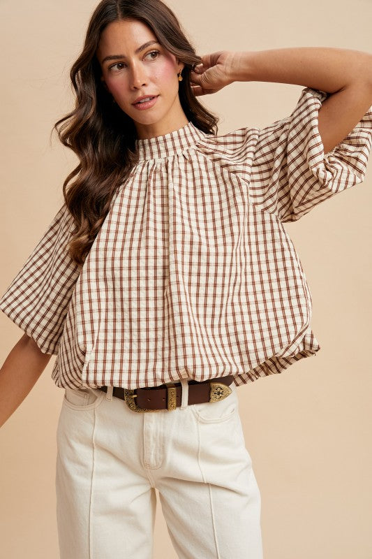 Checker Back Bow Detail Bubble Blouse