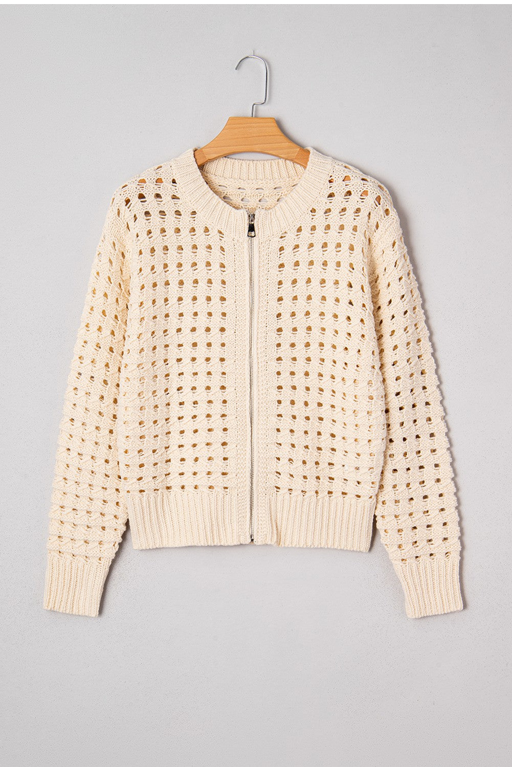 Hollowed Pattern Knit Zip Up Sweater Cardigan