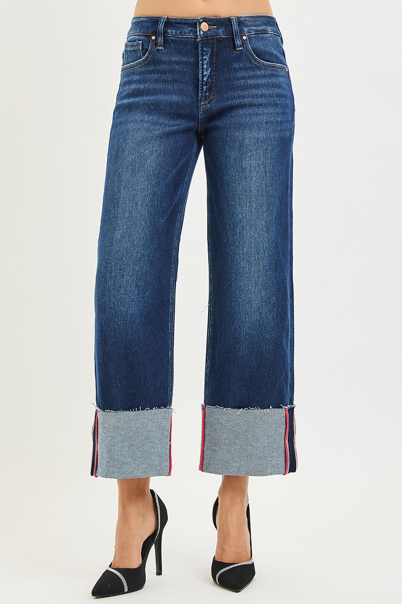 Risen Mid Rise Crop Wide Cuffed Jeans