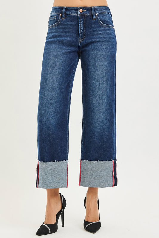 Risen Mid Rise Crop Wide Cuffed Jeans