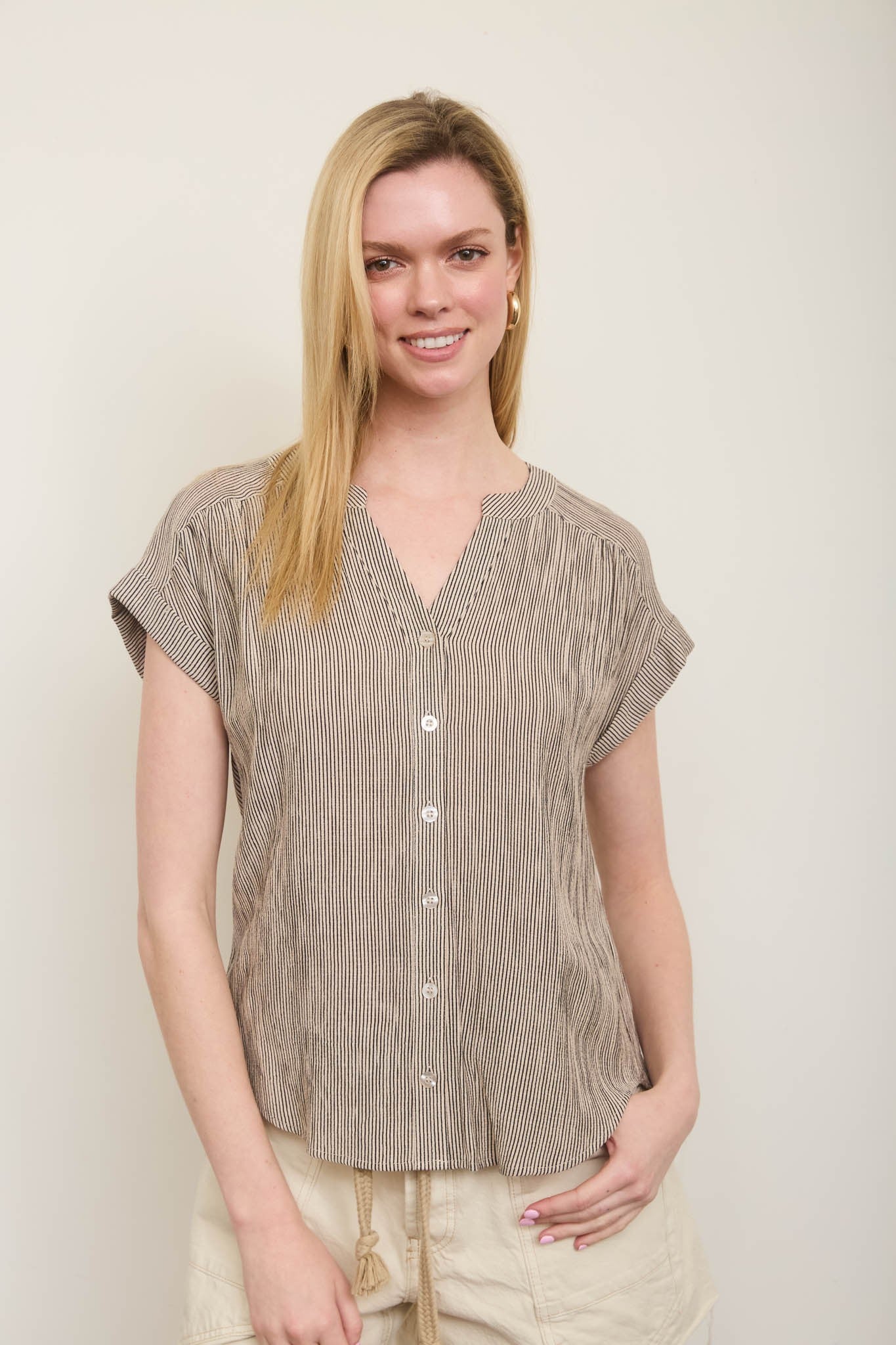 Pinstripe Short Cuff Sleeve Button Down Shirt