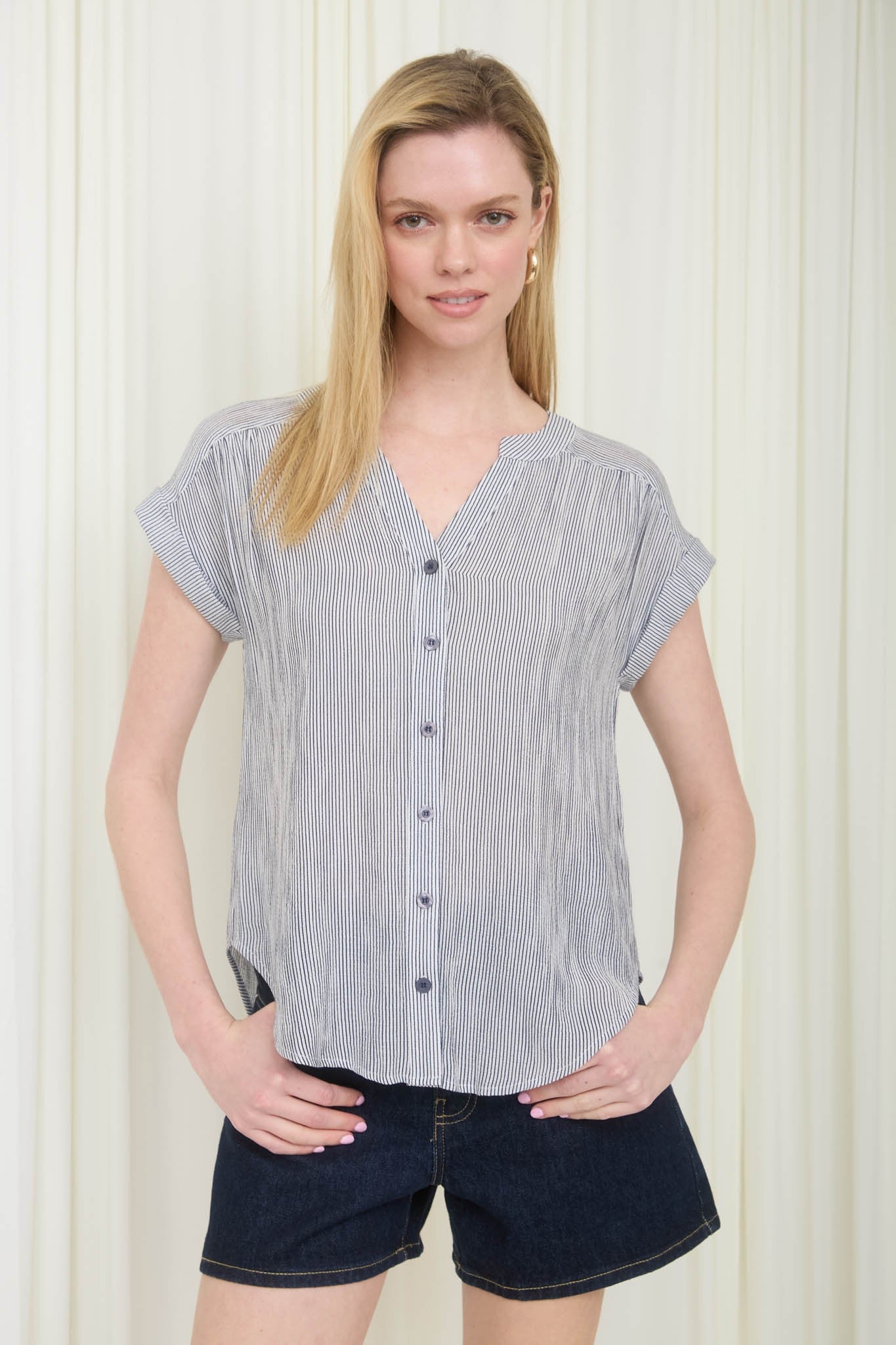 Pinstripe Short Cuff Sleeve Button Down Shirt