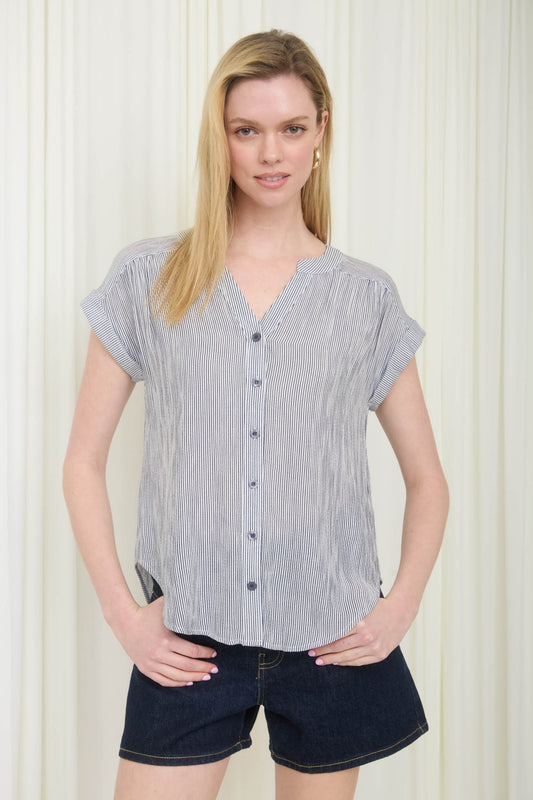 Pinstripe Short Cuff Sleeve Button Down Shirt