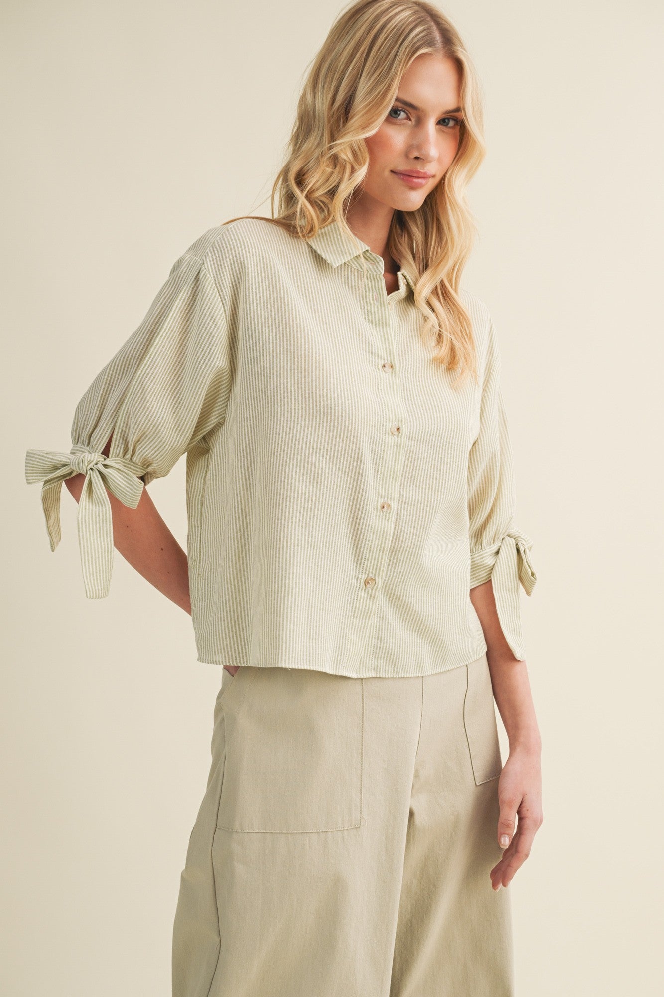 Striped Tie-cuff Button Front Top