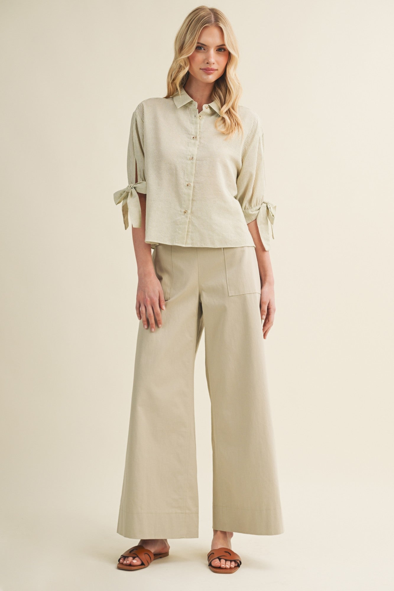 Striped Tie-cuff Button Front Top
