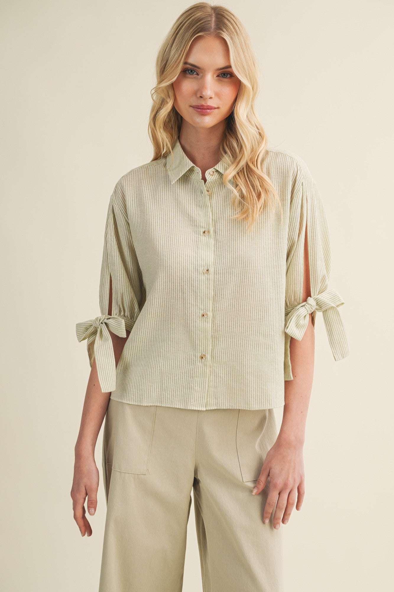 Striped Tie-cuff Button Front Top