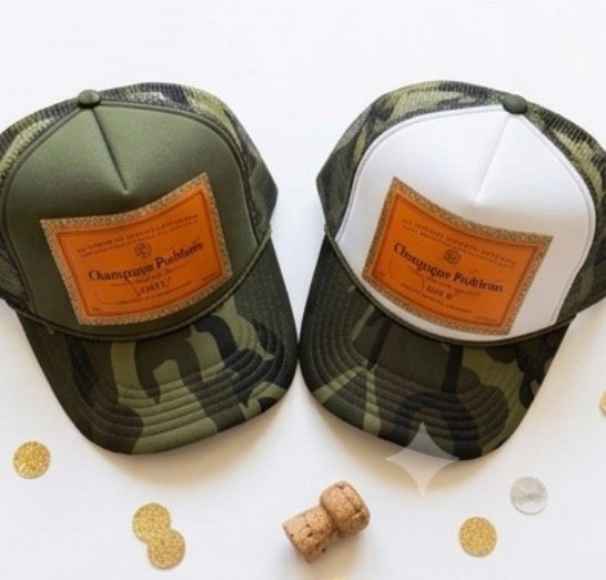 "Champagne Problems" Camo Glitter Trucker Hat 