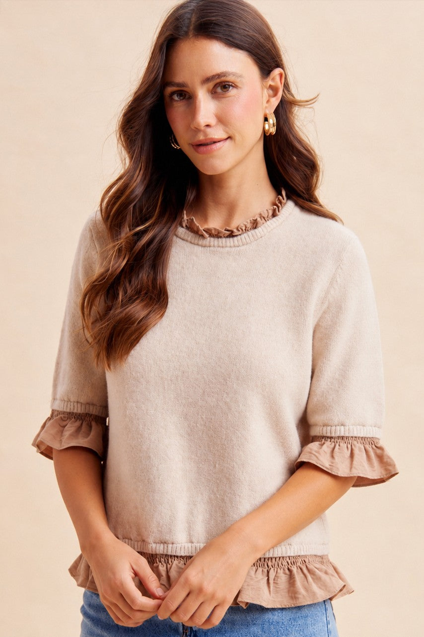 Ruffle Trimmed Short Sleeve Sweater