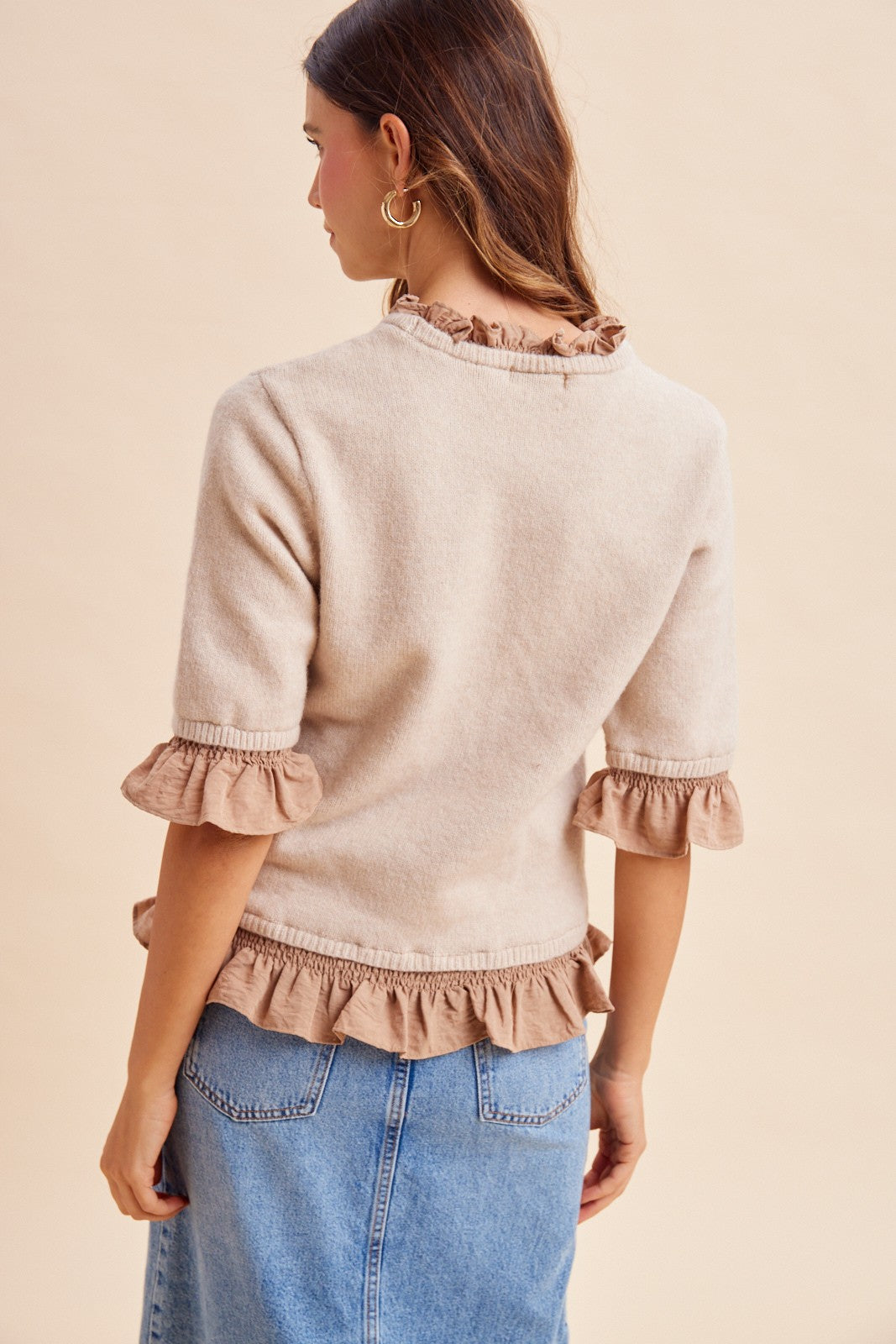 Ruffle Trimmed Short Sleeve Sweater