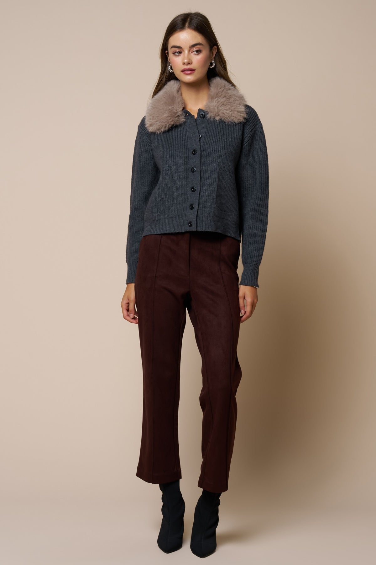 Faux Fur Collar Ribbed Cardigan