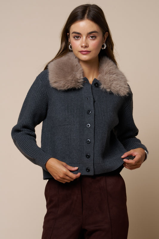 Faux Fur Collar Ribbed Cardigan