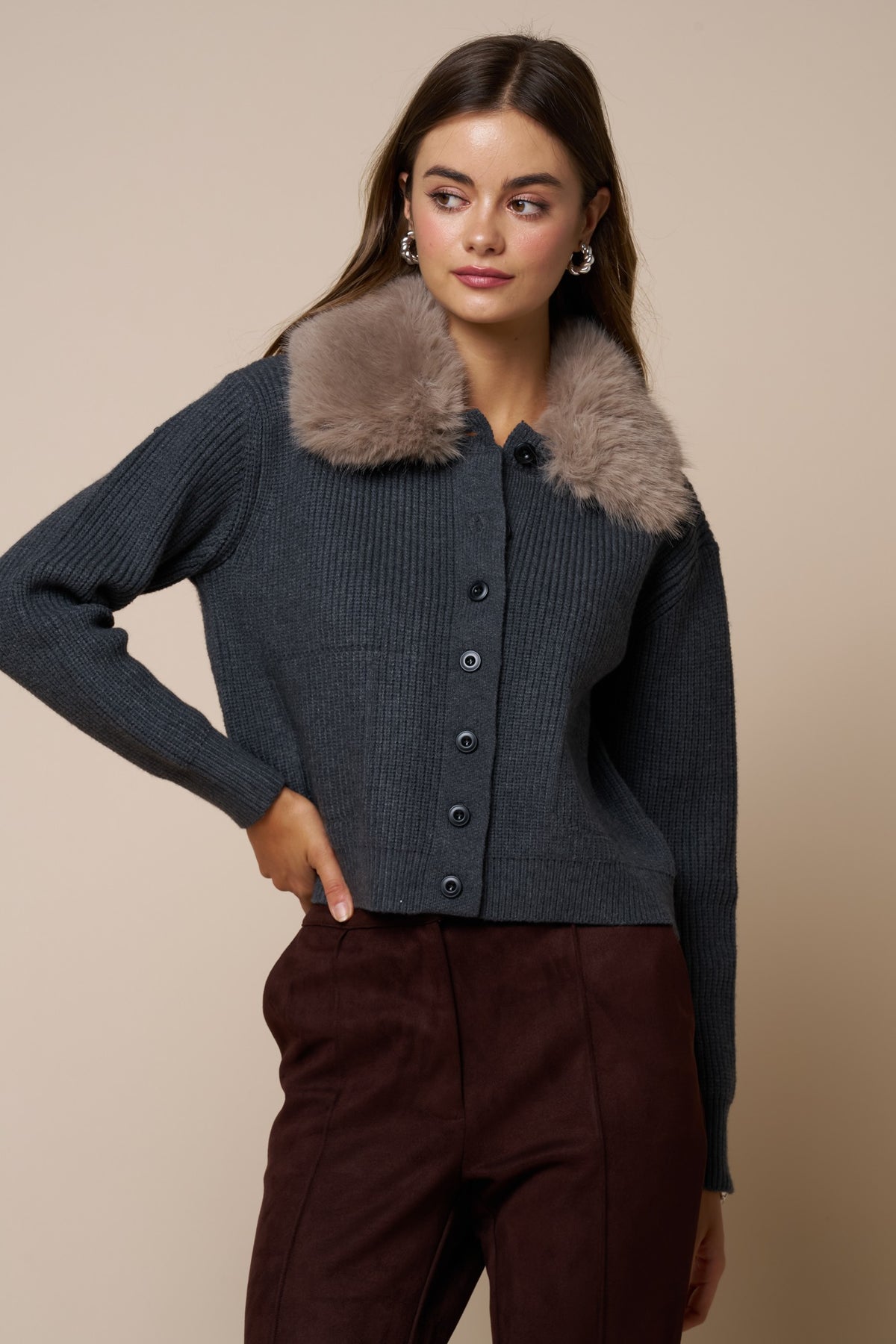 Faux Fur Collar Ribbed Cardigan