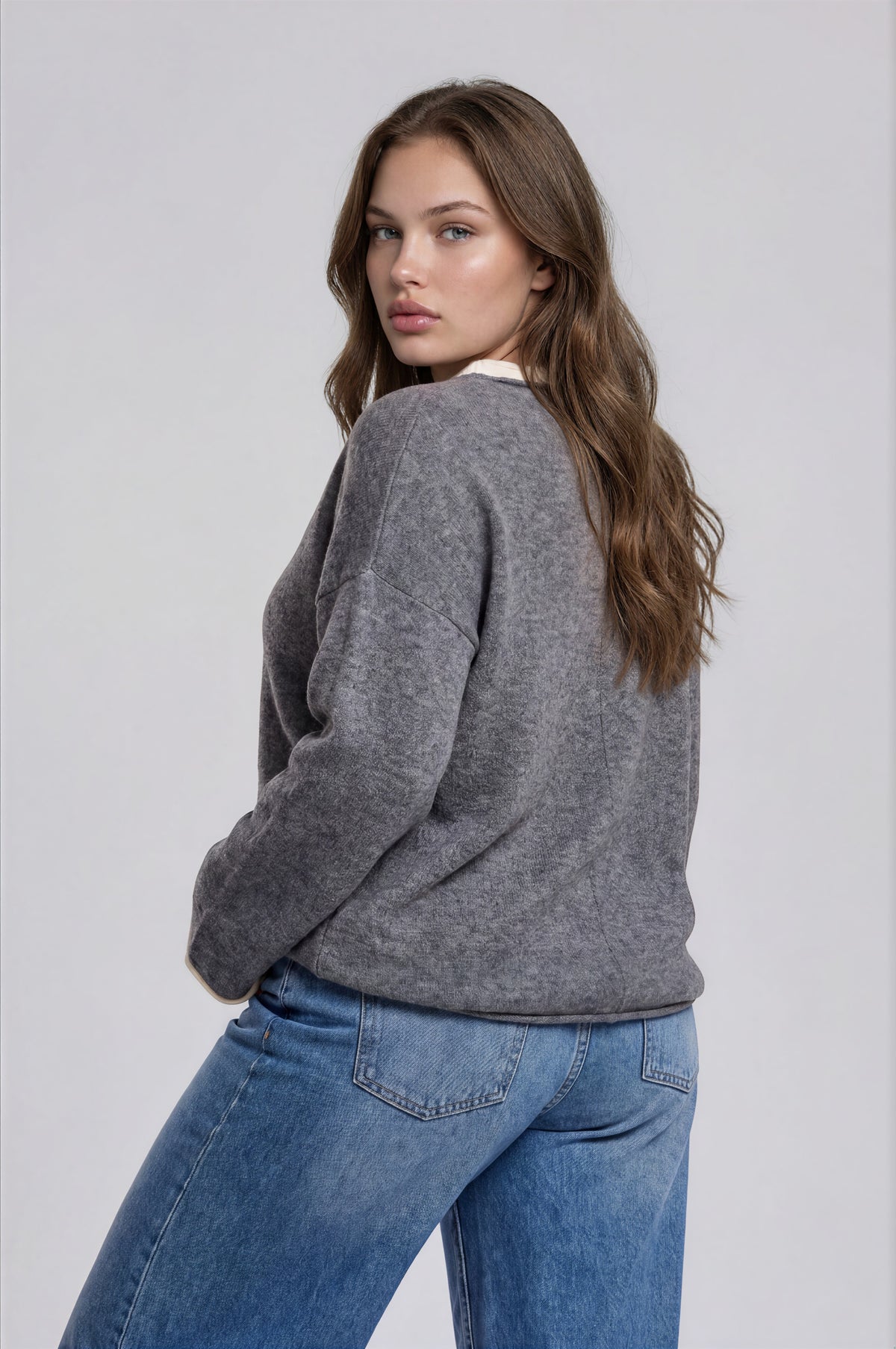 Grey Rolled Edge Crewneck Sweater