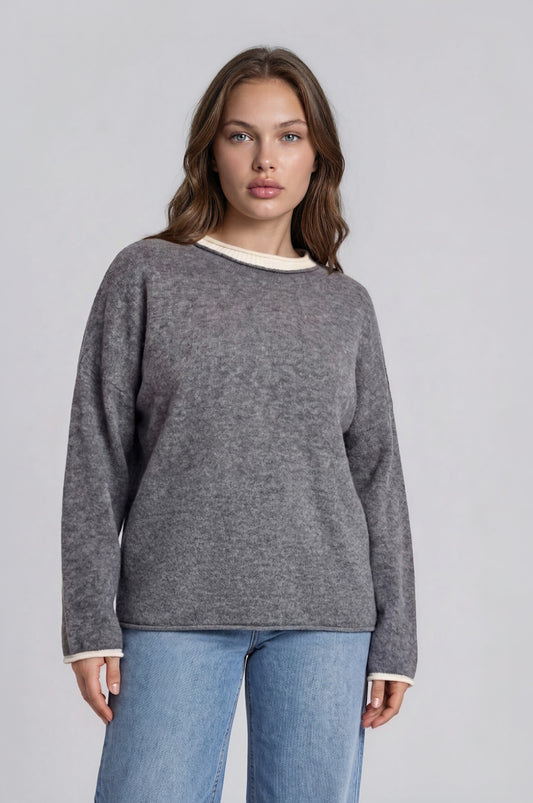 Grey Rolled Edge Crewneck Sweater