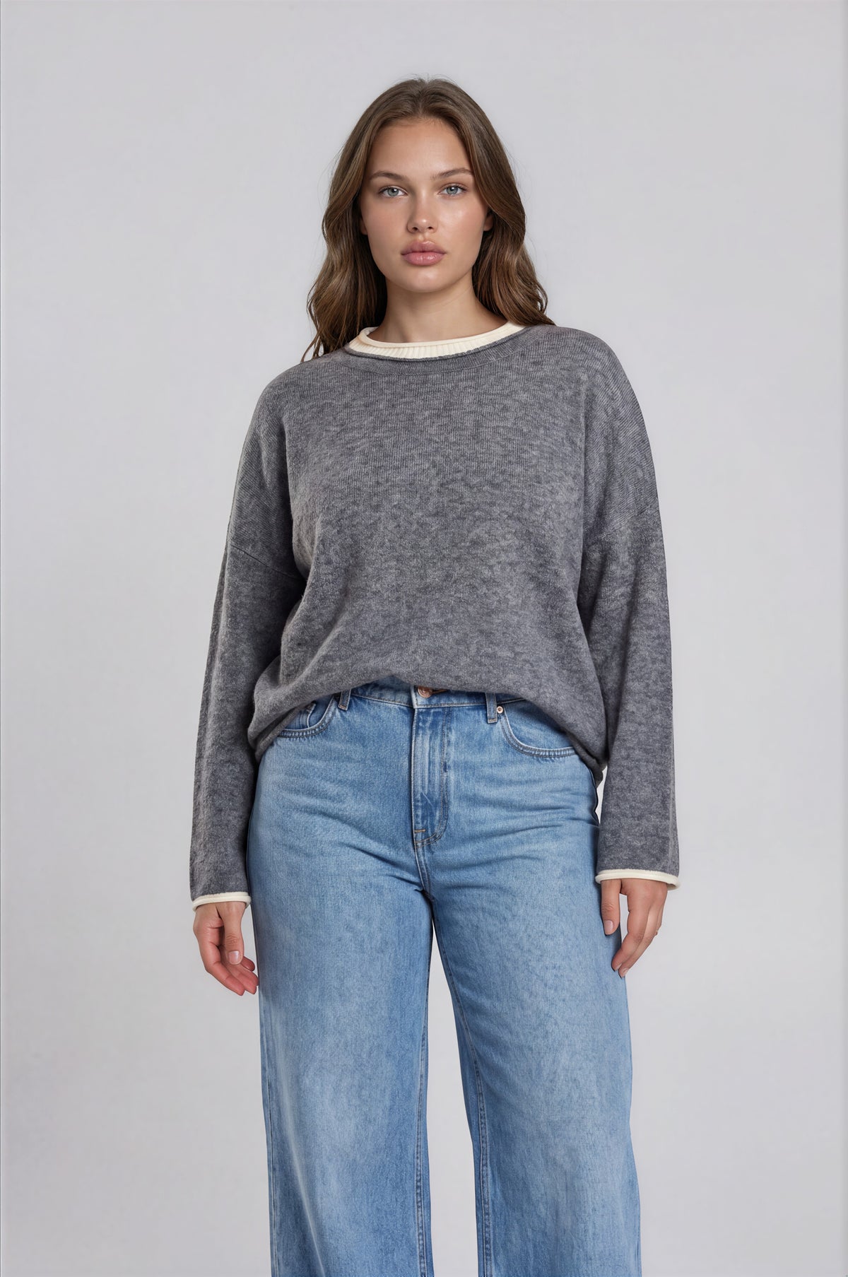Grey Rolled Edge Crewneck Sweater