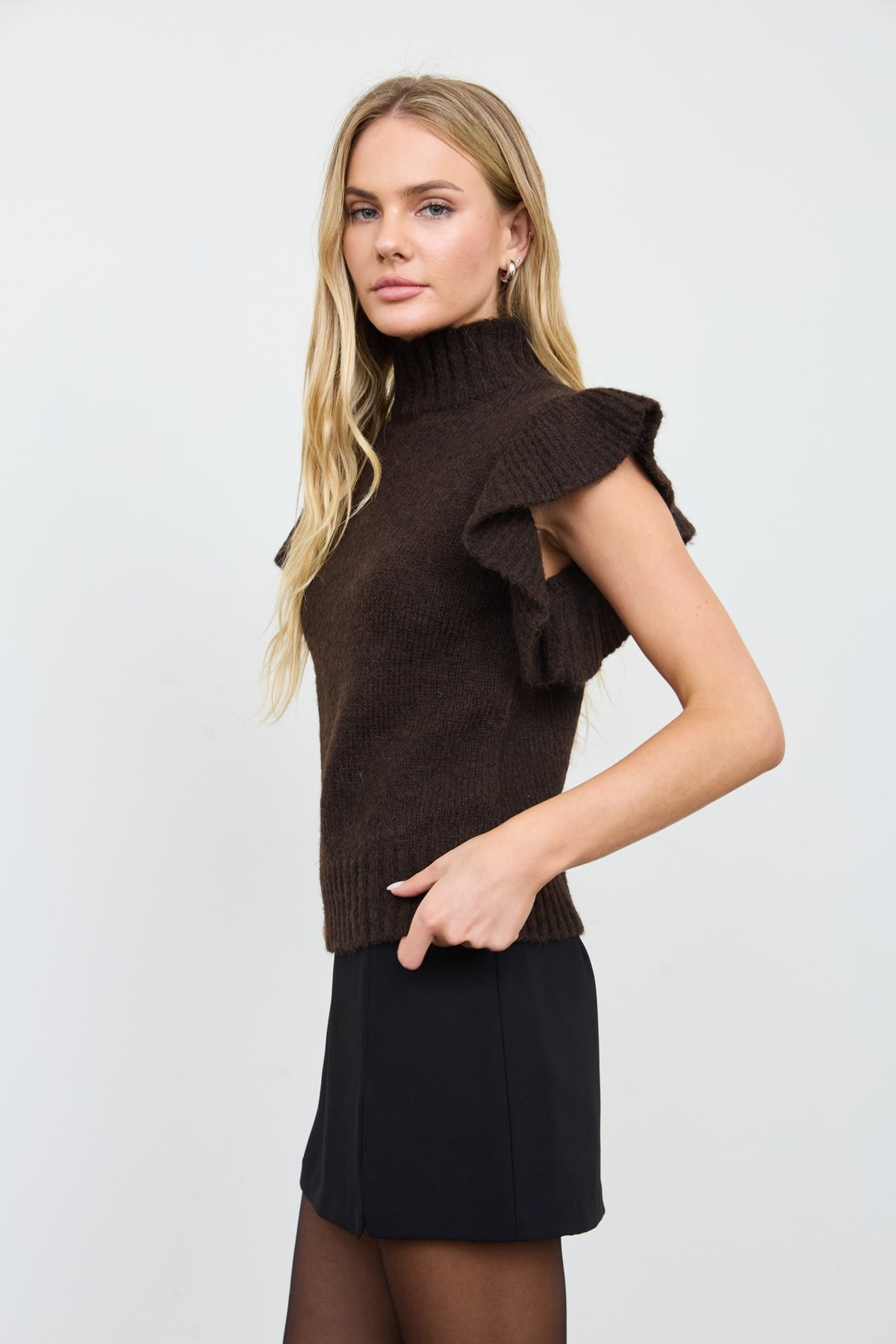 Ruffle Mock Neck Ribbed Sweater