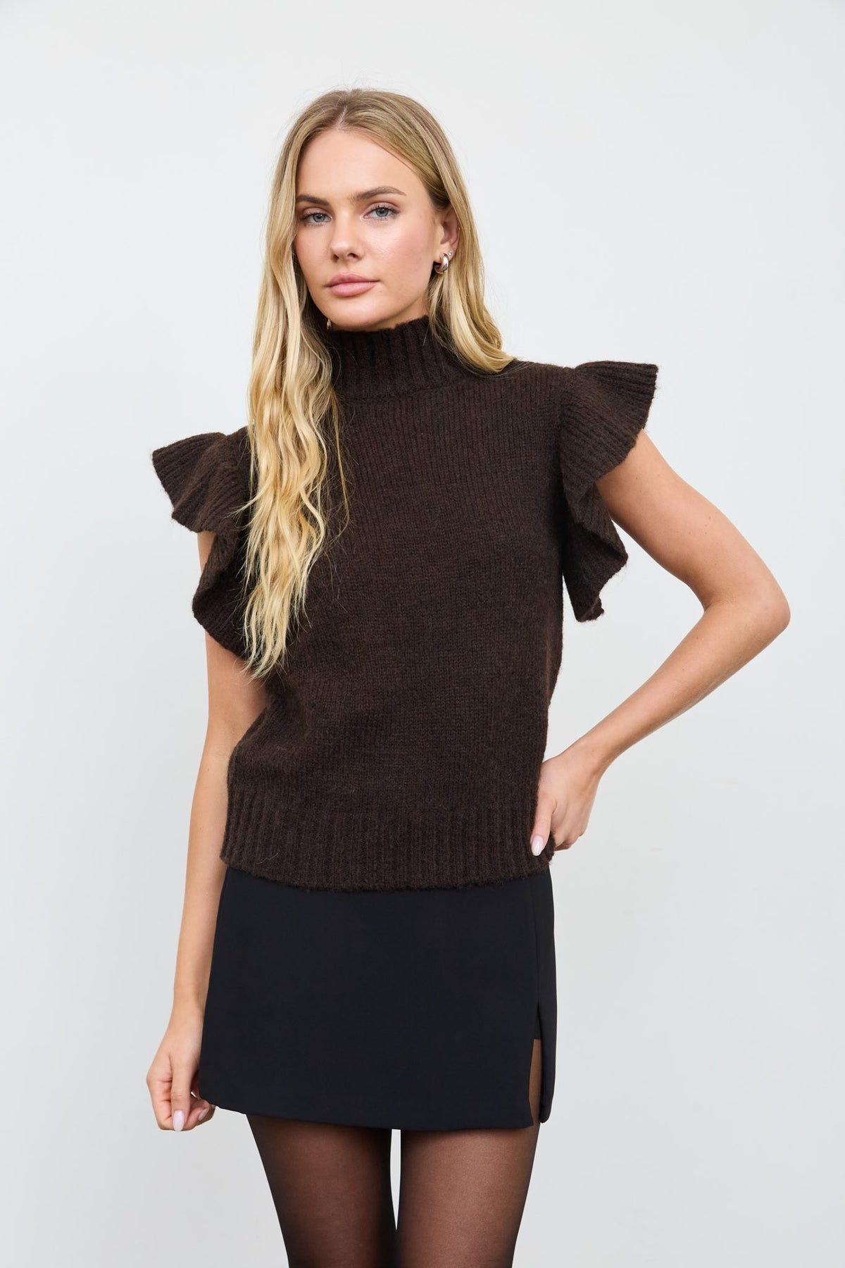 Ruffle Mock Neck Ribbed Sweater
