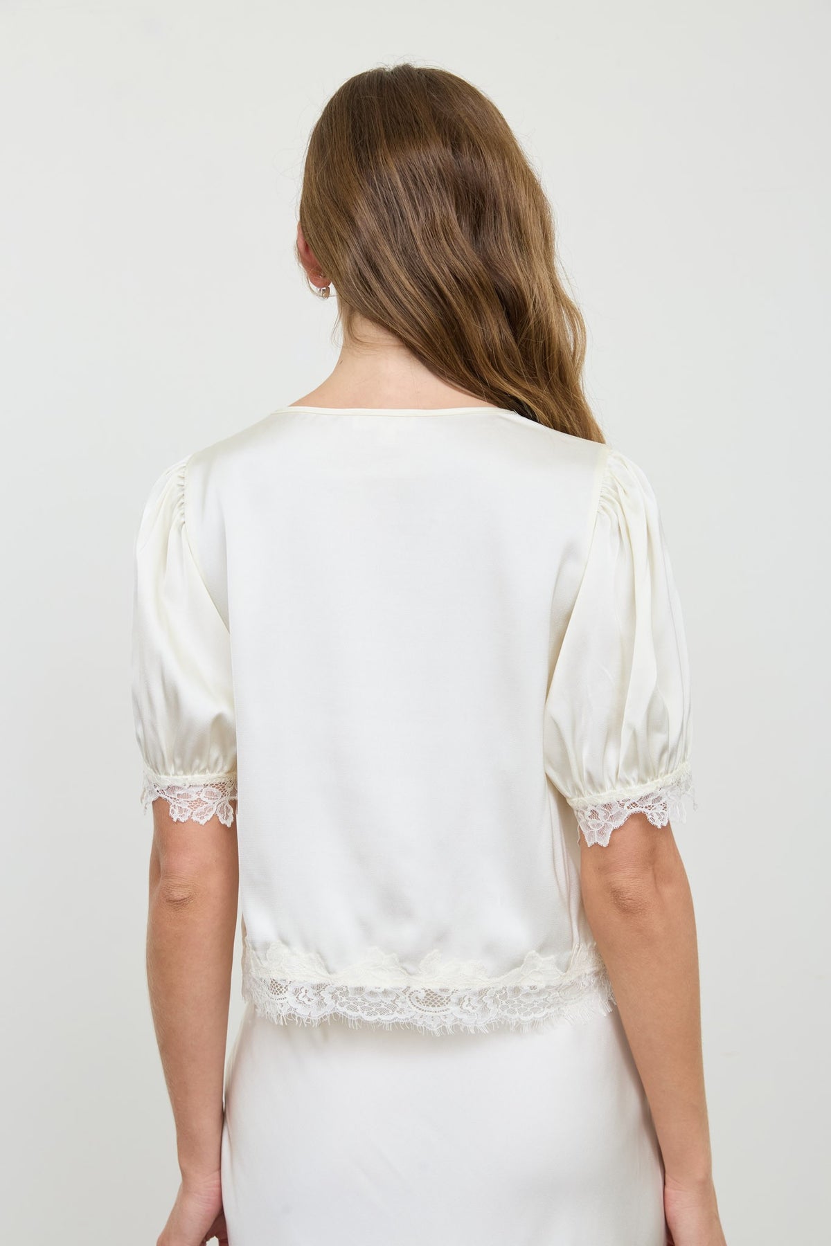 Satin Lace Trim V Neck Blouse