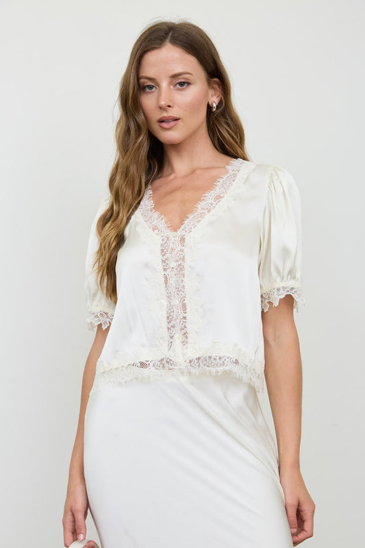 Satin Lace Trim V Neck Blouse