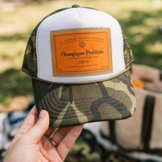 "Champagne Problems" Camo Glitter Trucker Hat 