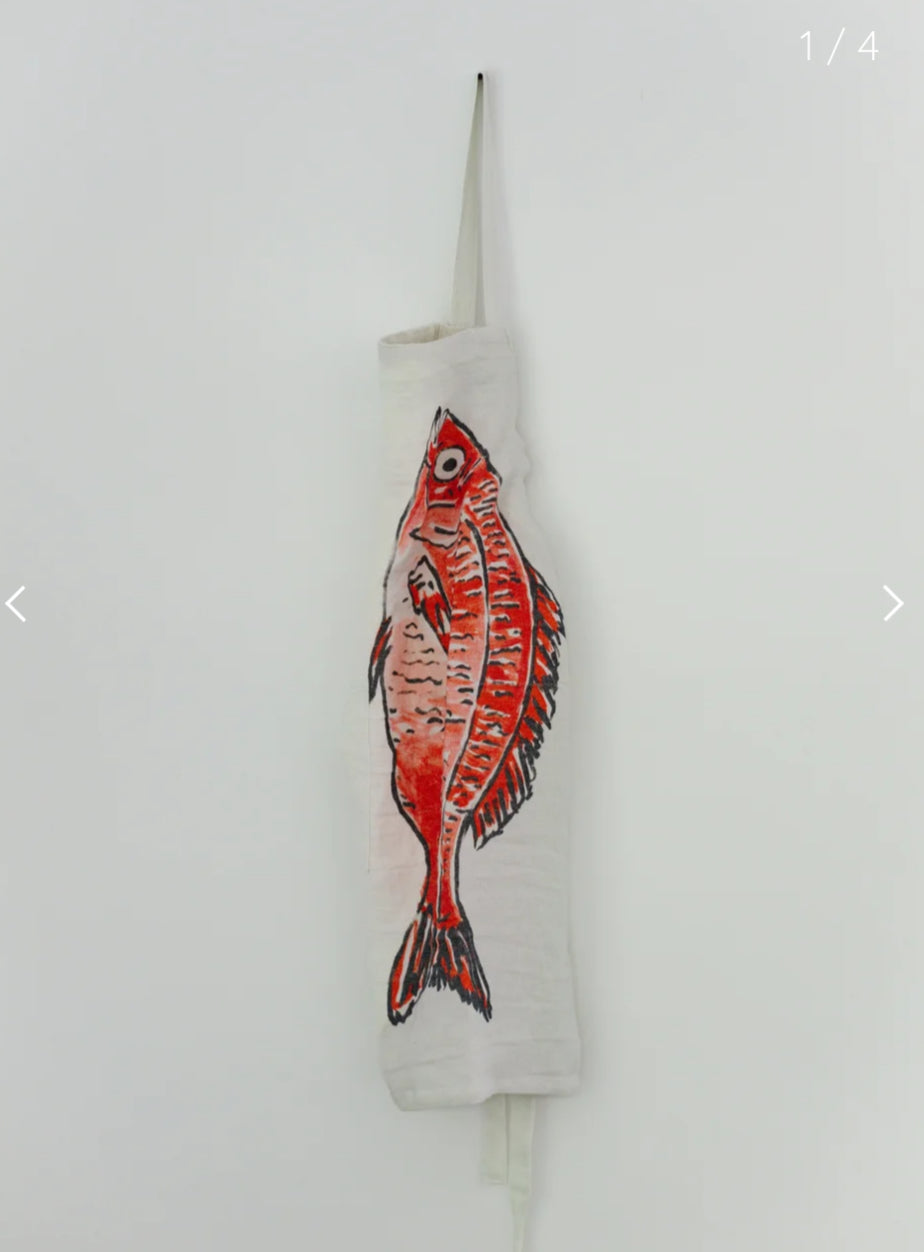 Linen Printed Apron w/ Pocket & Fish