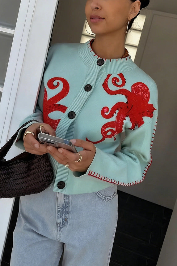 Octopus Embellished Button-Up Cardigan